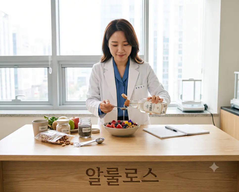 혈당 스파이크를 방지하는 대체 감미료 알룰로스를 시각화하기 위해, 조리대 표면에 "알룰로스" 한글이 각인된 모습과 액상 감미료 용량을 측정하는 한국인 영양사의 순간을 촬영한 극실사 모습