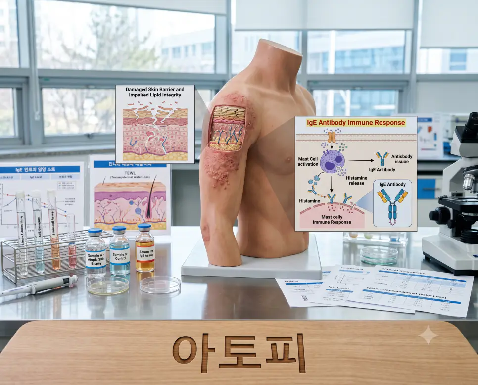 면역 과민 반응과 피부 장벽 손상을 시각화하기 위해, 실험대 표면에 "아토피" 한글이 각인된 모습과 3D 피부 장벽 및 면역 반응 다이어그램을 촬영한 극실사 모습