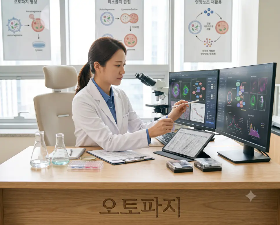 세포 자가포식 기전인 오토파지를 시각화하기 위해, 실험실 원목 조제대 모서리에 "오토파지" 한글이 각인된 모습과 연구 차트를 점검하는 한국인 연구원의 순간을 촬영한 극실사 모습