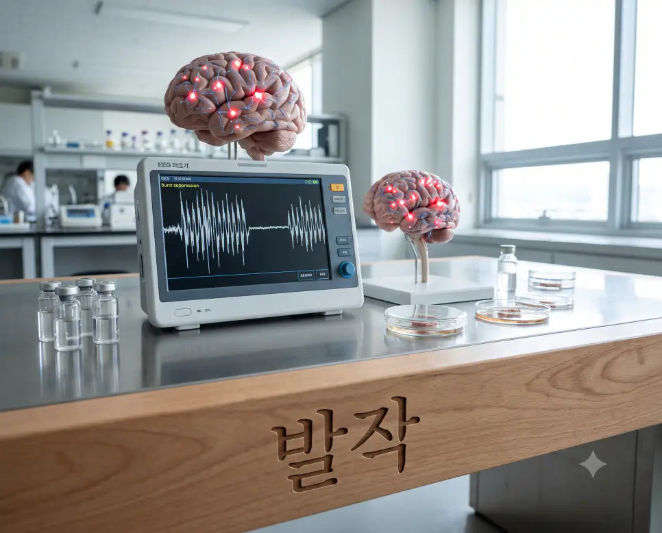뇌의 전기적 신호 이상 반응을 시각화하기 위해, 실험대 표면에 "발작" 한글이 각인된 모습과 뇌파 모니터 수치 스크린 및 3D 뇌 신경망 모형을 촬영한 극실사 모습