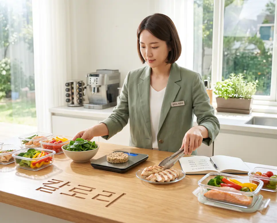 식품 열량과 에너지 소비를 나타내는 칼로리를 시각화하기 위해, 낮 햇살 아래 주방 원목 조리대 모서리에 "칼로리" 한글이 각인된 모습과 저울로 영양 식단 열량을 측정하는 영양사의 순간을 촬영한 극실사 모습