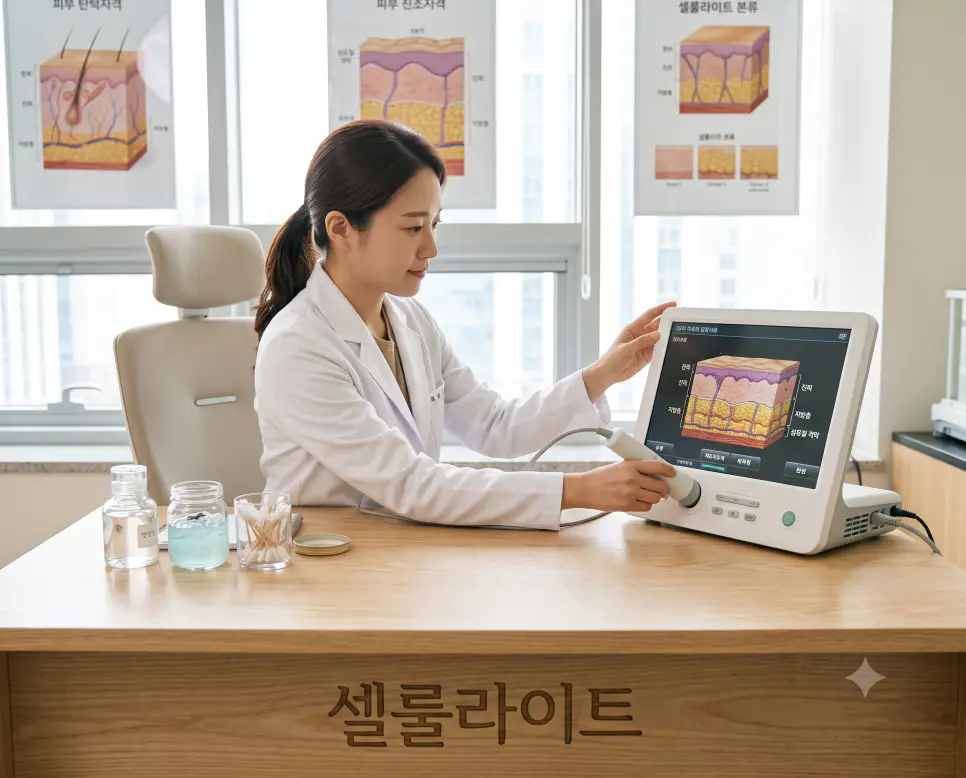 피하 결합 조직 변형인 셀룰라이트를 시각화하기 위해, 진료실 상담대 모서리에 "셀룰라이트" 한글이 각인된 모습과 피부 조직 수치를 진단하는 한국인 의사의 순간을 촬영한 극실사 모습