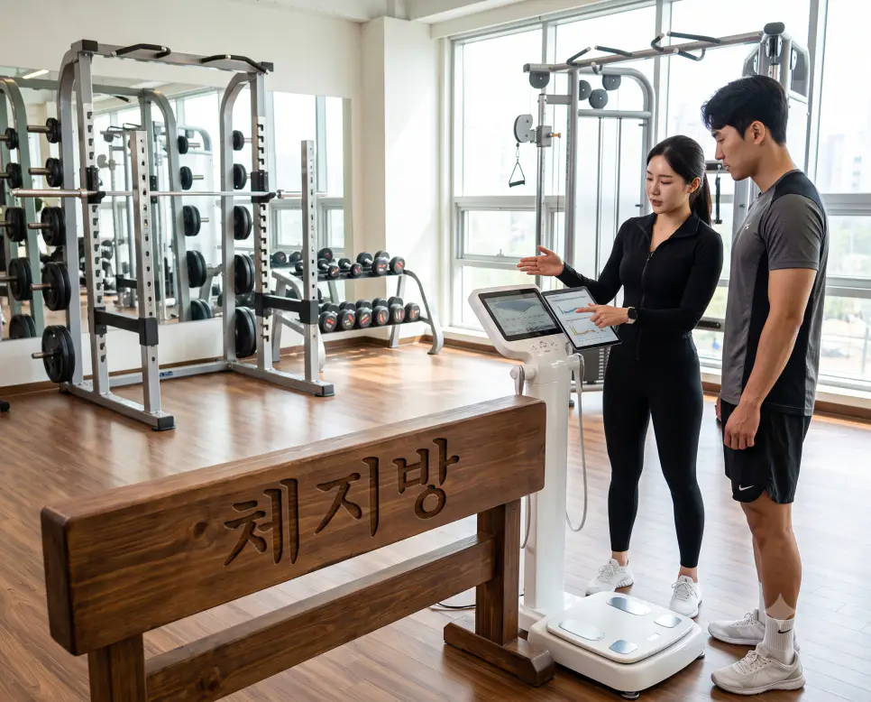 체내 에너지를 저장하고 비만도와 연결되는 체지방을 시각화하기 위해, 피트니스 센터 원목 벤치 모서리에 "체지방" 한글이 각인된 모습과 체성분 지표를 설명하는 트레이너와 회원들의 순간을 촬영한 극실사 모습