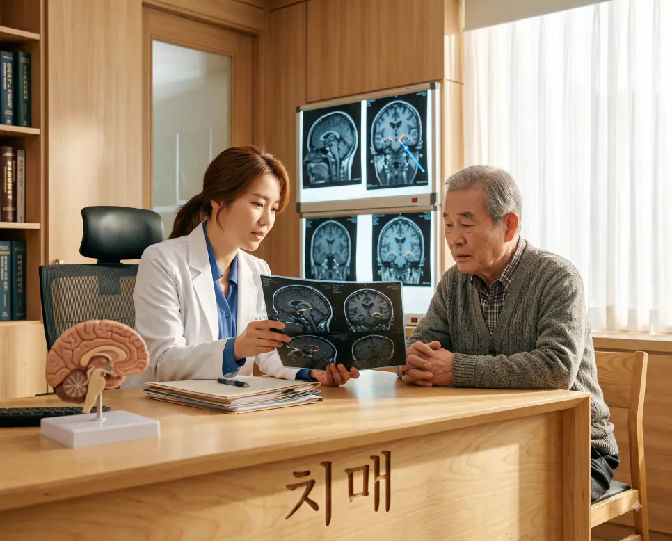 뇌 인지 기능 저하 상태를 설명하기 위해, 상담실 원목 책상 표면에 "치매" 한글이 각인된 모습과 뇌 MRI 신경망 필름을 살피며 상담하는 의사와 고령 환자의 모습을 촬영한 극실사 모습