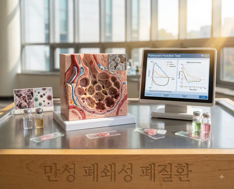 진행성 폐 손상 및 비가역적 호흡 곤란 상태를 나타내기 위해, 실험대 표면에 "만성 폐쇄성 폐질환" 한글이 각인된 모습과 손상된 폐포 벽을 보여주는 입체 폐 해부학 모형 및 폐 기능 검사 모니터를 촬영한 극실사 모습