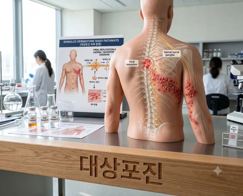 신경절 바이러스 재활성화 경로를 시각화하기 위해, 실험대 표면에 "대상포진" 한글이 각인된 모습과 척수 신경절 및 띠 모양 병변 3D 해부학 모형을 촬영한 극실사 모습