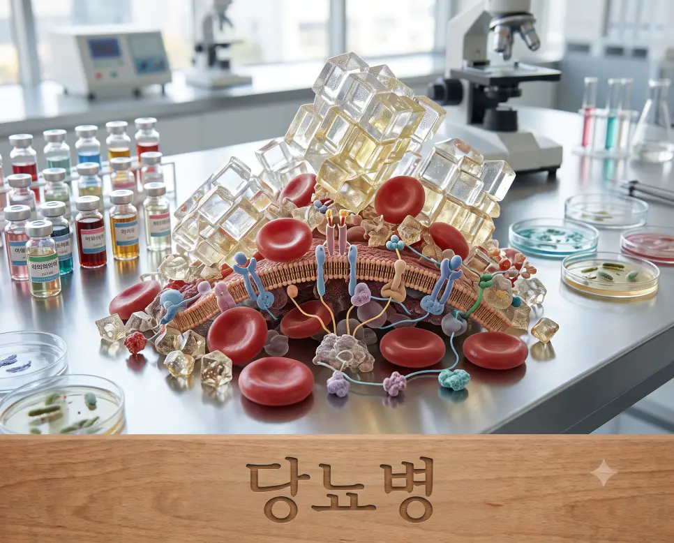 만성 고혈당 대사 상태를 시각화하기 위해, 조리대 및 실험대 표면에 "당뇨병" 한글이 각인된 모습과 적혈구 주변에 포도당 결정 분자 구조가 안착된 입체 모형을 촬영한 극실사 모습