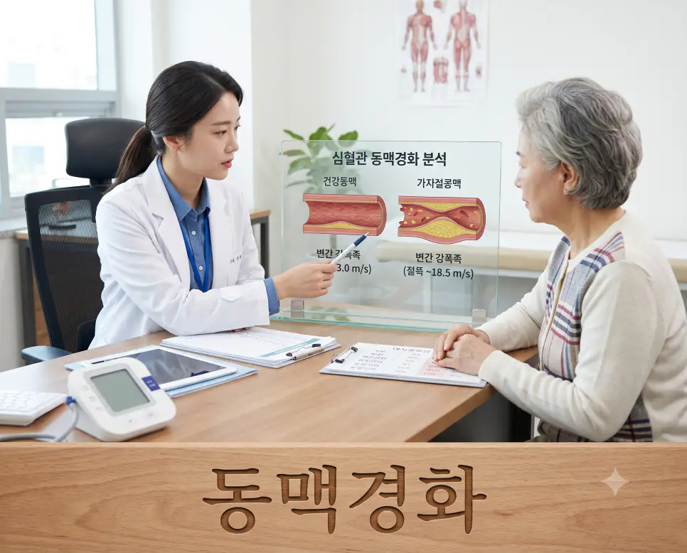 혈관 단단해짐 병리 현상인 동맥경화를 시각화하기 위해, 진료실 상담대 모서리에 "동맥경화" 한글이 각인된 모습과 혈관 단면 차트를 설명하는 한국인 의사의 순간을 촬영한 극실사 모습
