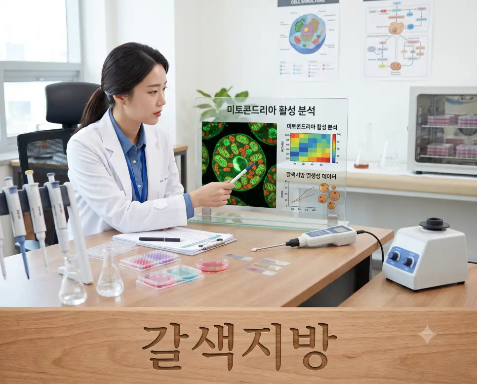 열량을 소모하는 갈색지방의 역할을 시각화하기 위해, 연구실 조제대 모서리에 "갈색지방" 한글이 각인된 모습과 지방 미토콘드리아 조직을 관찰하는 한국인 연구원의 순간을 촬영한 극실사 모습