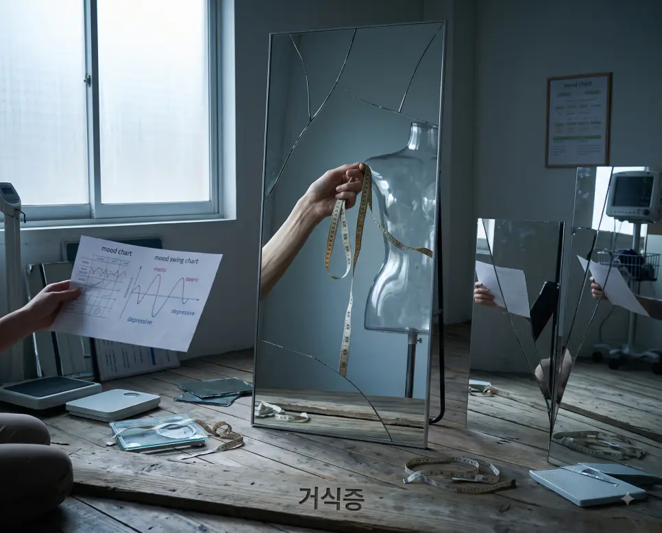 체형 왜곡과 극단적인 음식 거부 심리를 시각화하기 위해, 원목 마루 표면에 "거식증" 한글이 각인된 모습과 거울에 비친 마네킹 실루엣 및 줄자를 쥐고 있는 손의 모습을 담은 예술적 분위기의 극실사 이미지