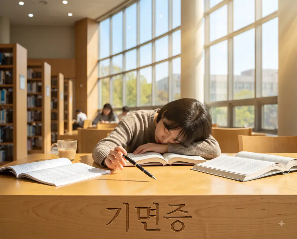 낮 동안 쏟아지는 급작스러운 수면 발작을 시각화하기 위해, 자작나무 도서관 데스크 모서리에 "기면증" 한글이 각인된 모습과 햇살 아래 책을 읽다 펜을 떨어뜨리고 잠에 빠진 학생의 모습을 담은 극실사 이미지