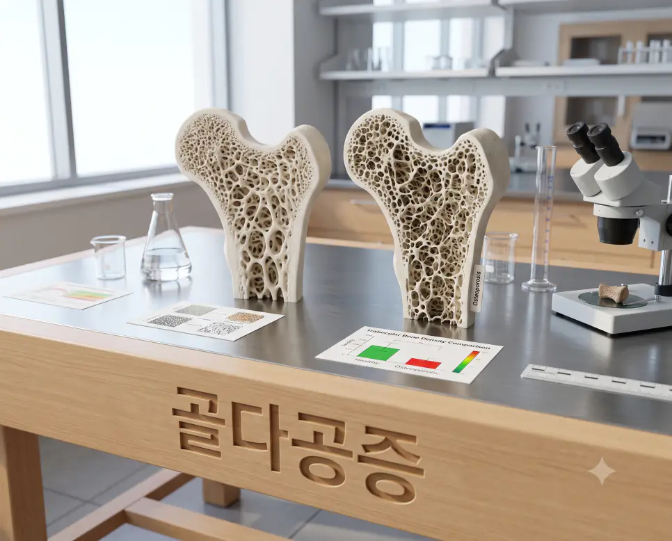 골밀도 감소와 뼈 해면골 다공성 구조를 시각화하기 위해, 연구실 조리대 표면에 "골다공증" 한글이 각인된 모습과 정상 뼈 대 다공성 뼈 미세 구조 3D 모형을 촬영한 극실사 모습
