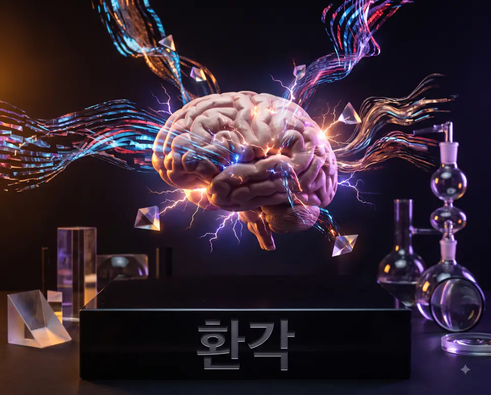 오감의 병리적 지각 왜곡 상태를 나타내기 위해, 흑요석 받침대 표면에 "환각" 한글이 각인된 모습과 다감각 신경 파동 스펙트럼이 뿜어져 나오는 3D 뇌 해부학 모형을 촬영한 극실사 모습