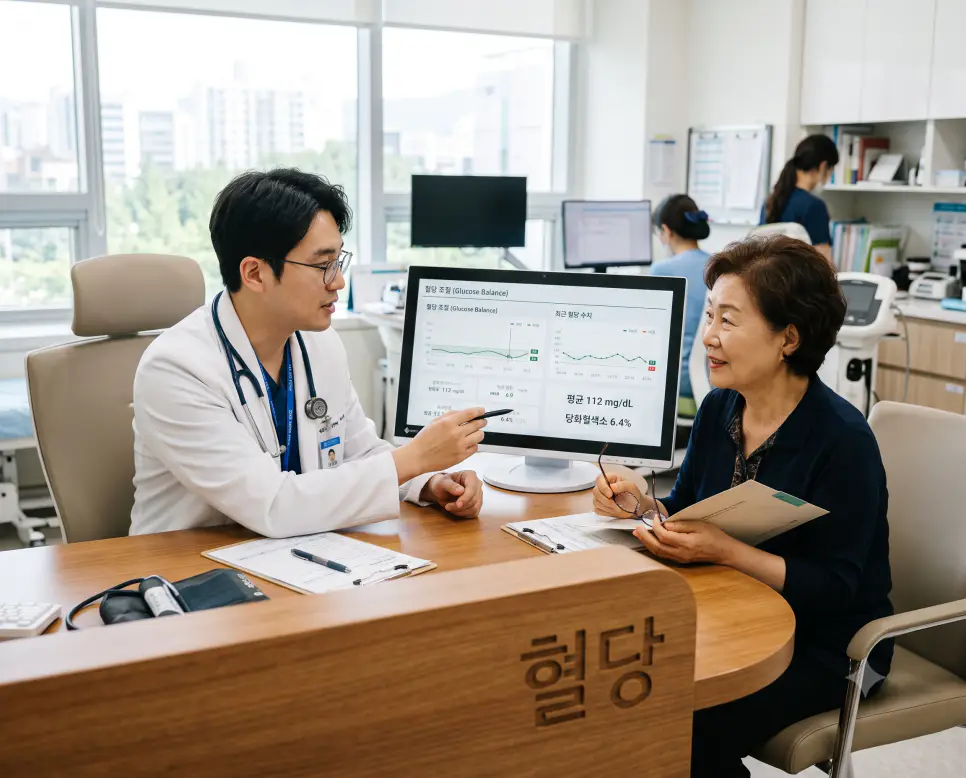 혈액 속 포도당 농도인 혈당을 시각화하기 위해, 밝은 진료실 호두나무 진료대 모서리에 "혈당" 한글이 각인된 모습과 혈당 조율 차트를 설명하는 한국인 의사의 순간을 촬영한 극실사 모습