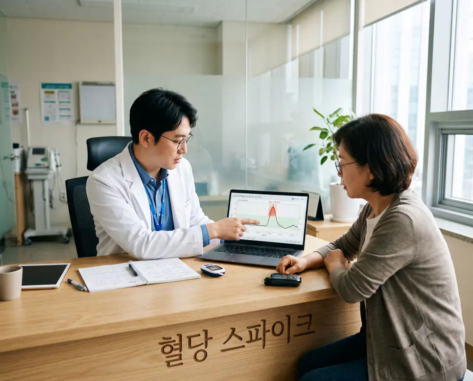 급격한 포도당 변동인 혈당 스파이크를 시각화하기 위해, 진료실 원목 진료대 모서리에 "혈당 스파이크" 한글이 각인된 모습과 혈당 그래프 차트를 설명하는 한국인 의사의 순간을 촬영한 극실사 모습
