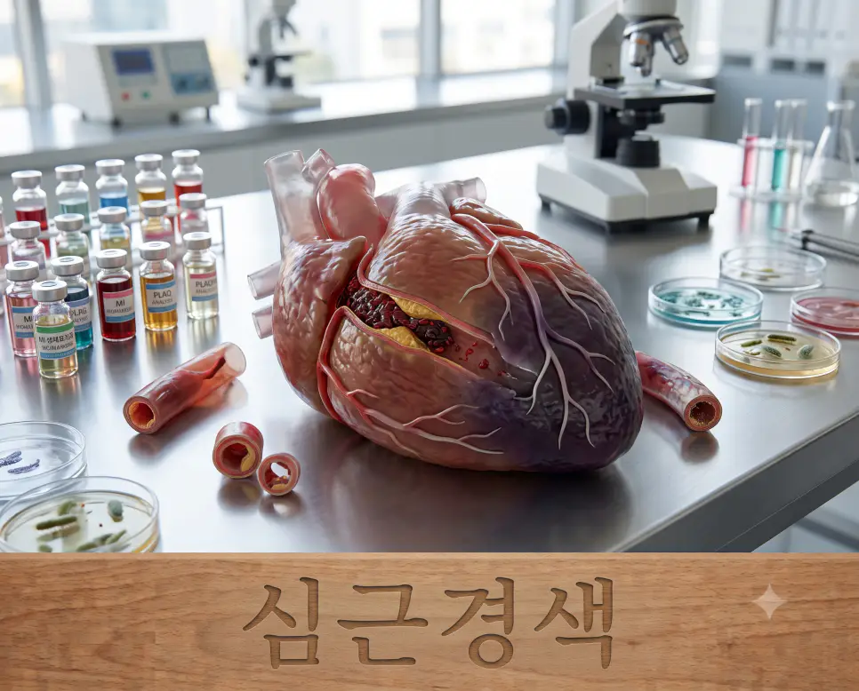 혈전에 의해 심장 조직 괴사가 일어나는 중증 상태를 시각화하기 위해, 실험대 표면에 "심근경색" 한글이 각인된 모습과 막힌 관상동맥 및 괴사된 근육 조직 3D 모형을 촬영한 극실사 모습