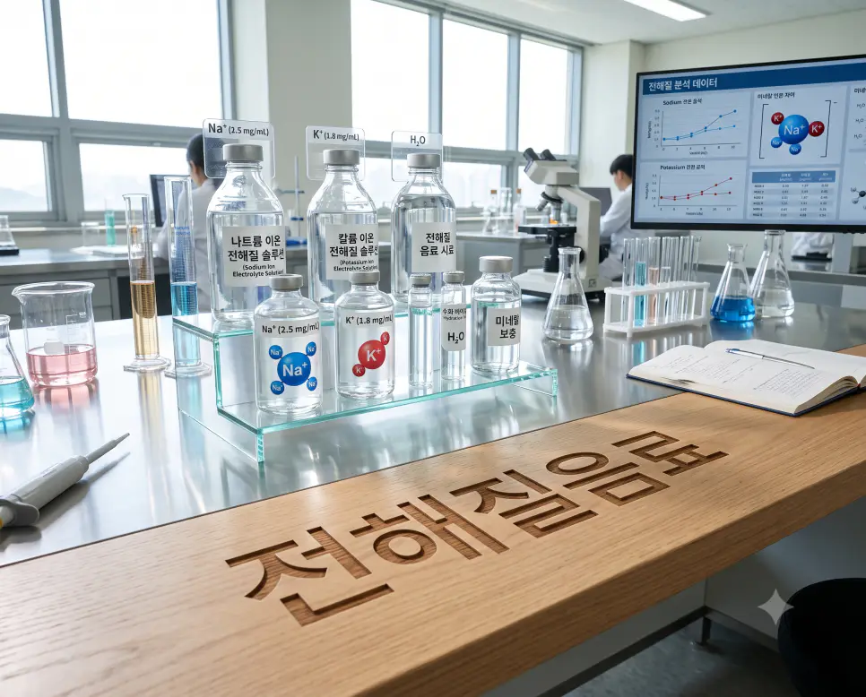 나트륨 및 칼륨 미네랄 충전 음료를 시각화하기 위해, 조리대 표면에 "전해질음료" 한글이 각인된 모습과 전해질 시약병 및 분자 다이어그램을 촬영한 극실사 모습