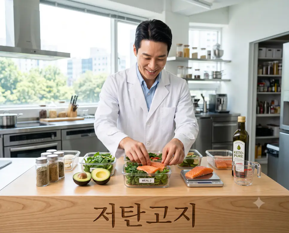 체지방 연소를 극대화하는 저탄고지 식단을 시각화하기 위해, 밝은 주방 조리대 표면에 "저탄고지" 한글이 각인된 모습과 키토제닉 식재료 열량을 측정하는 한국인 남성의 순간을 촬영한 극실사 모습