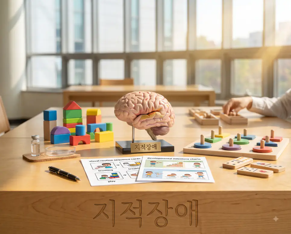 발달 단계 적응 훈련 및 지원을 나타내기 위해, 원목 테이블 표면에 "지적장애" 한글이 각인된 모습과 인지 발달 교구 블록 및 3D 뇌 해부학 모형을 촬영한 극실사 모습