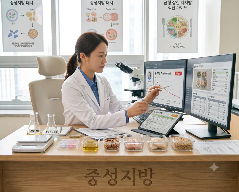 체내 저장 지질인 중성지방 관리를 시각화하기 위해, 실험실 조리대 표면에 "중성지방" 한글이 각인된 모습과 영양 분석을 이행하는 한국인 영양사의 순간을 촬영한 극실사 모습