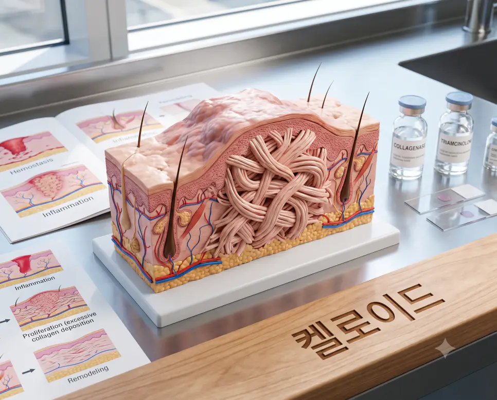 콜라겐 섬유 조직의 과다 증식을 나타내기 위해, 실험대 표면에 "켈로이드" 한글이 각인된 모습과 치유 과정에서 솟아오른 3D 콜라겐 흉터 해부학 모형을 촬영한 극실사 모습