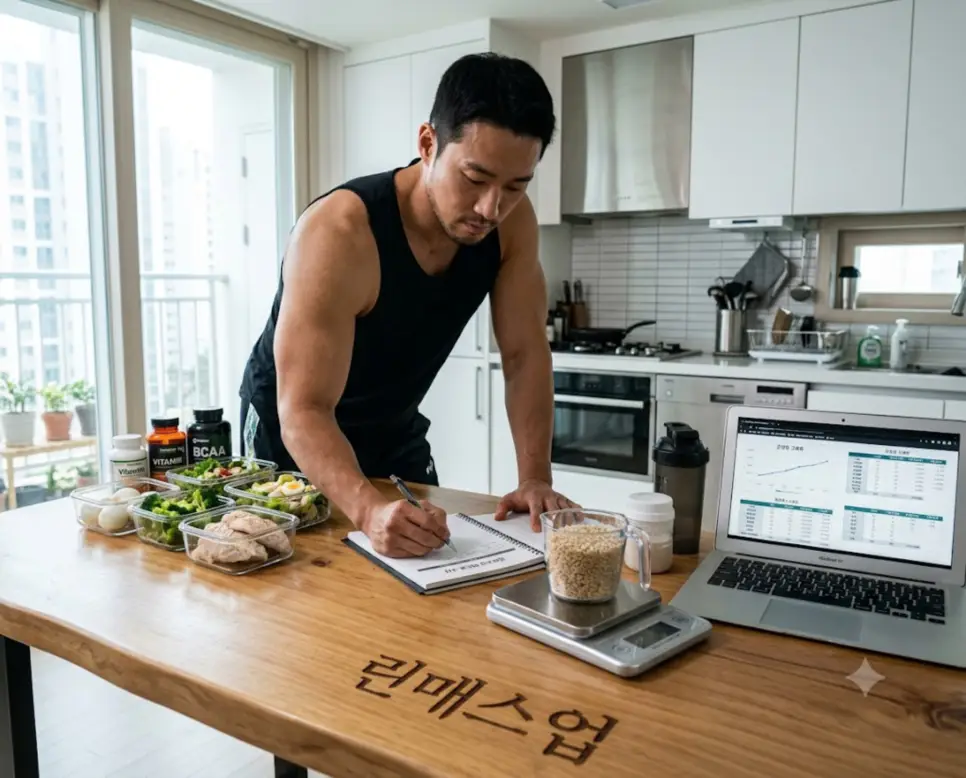 순수 골격근량을 늘리는 린매스업 관리를 시각화하기 위해, 조리대 표면에 "린매스업" 한글이 각인된 모습과 영양 칼로리를 측정하는 한국인 남성 선수의 순간을 촬영한 극실사 모습