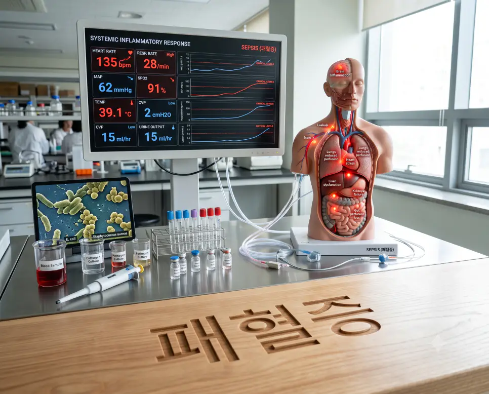 전신 과도 면역 반응과 장기 기능 이상을 시각화하기 위해, 실험대 표면에 "패혈증" 한글이 각인된 모습과 중환자실 모니터 수치 스크린 및 3D 장기 모형을 촬영한 극실사 모습
