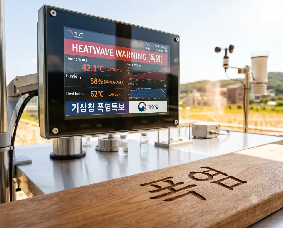 극심한 고온 기후 상황을 시각화하기 위해, 조리대 및 실험대 표면에 "폭염" 한글이 각인된 모습과 고온 경보 모니터를 촬영한 극실사 모습