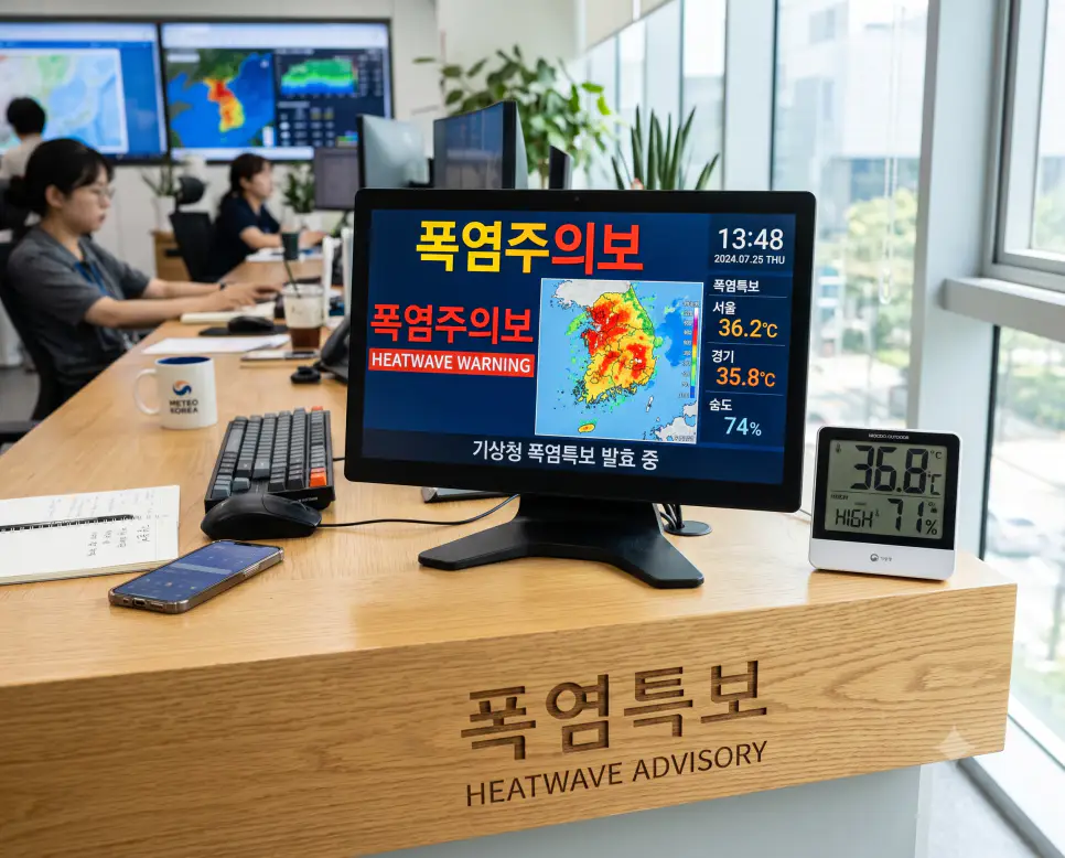 33도 이상 고온 주의 경보 수치를 나타내기 위해, 안내대 표면에 "폭염특보" 한글이 각인된 모습과 기상청 고온 특보 화면 및 온도계 표시를 촬영한 극실사 모습
