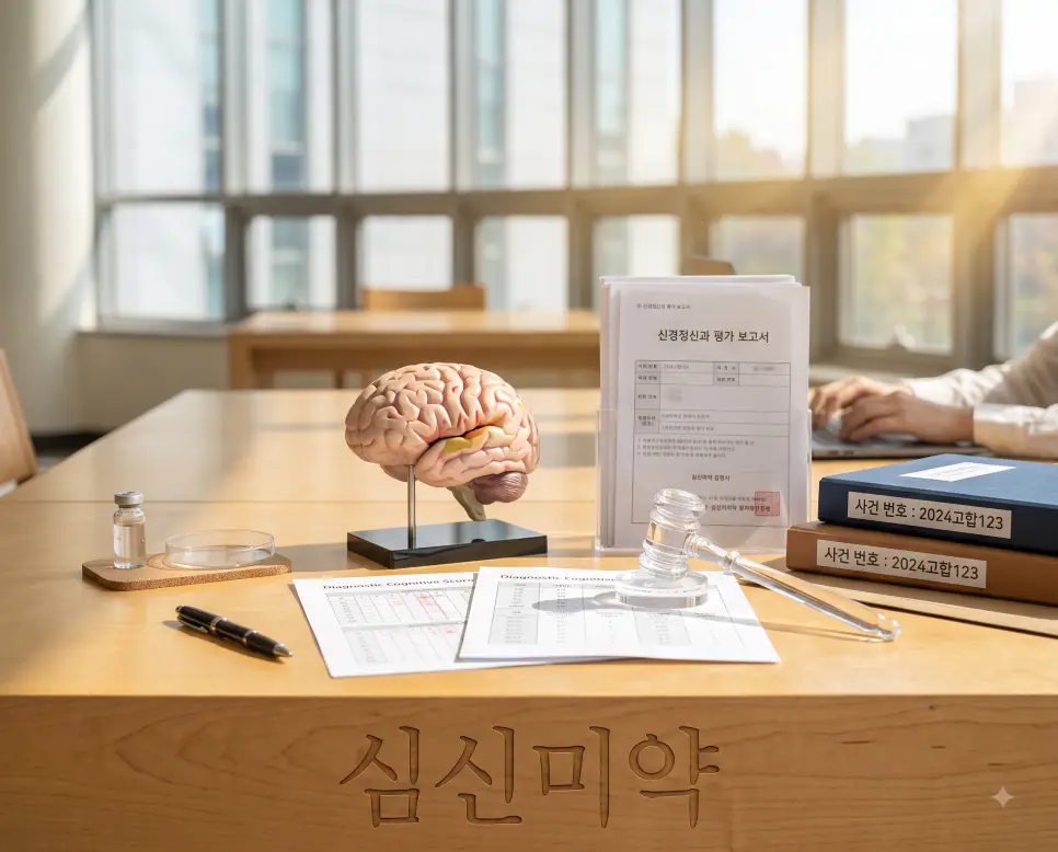 사물 변별 및 의사결정 능력 저하 상태를 나타내기 위해, 원목 책상 표면에 "심신미약" 한글이 각인된 모습과 3D 뇌 해부학 모형 및 정신의학 감정 평가 서류를 촬영한 극실사 모습
