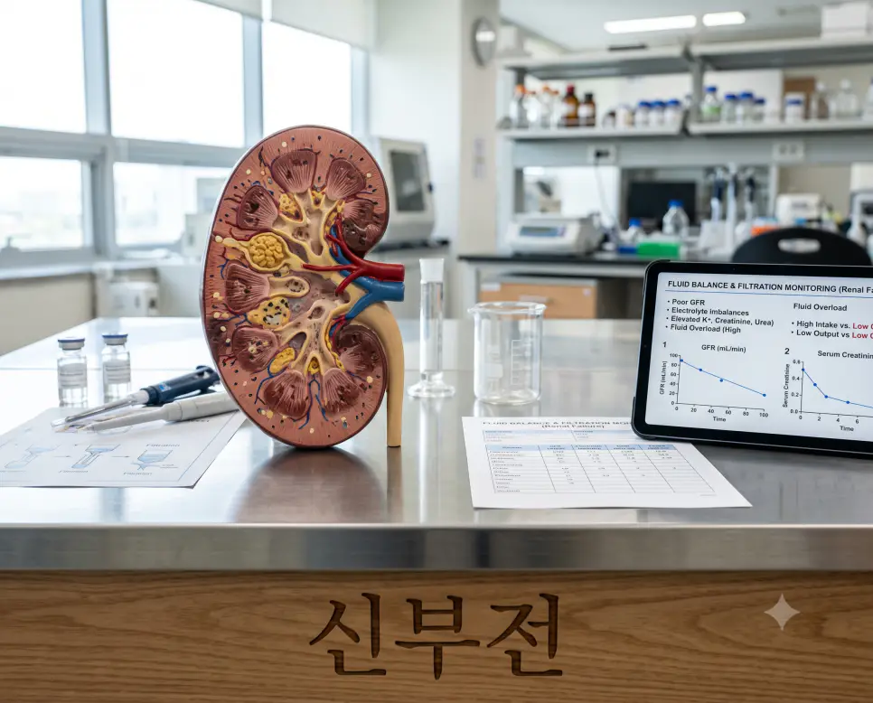 콩팥의 여과 기능 상실을 시각화하기 위해, 연구실 조리대 표면에 "신부전" 한글이 각인된 모습과 손상된 콩팥 및 네프론 여과 구조 3D 모형을 촬영한 극실사 모습
