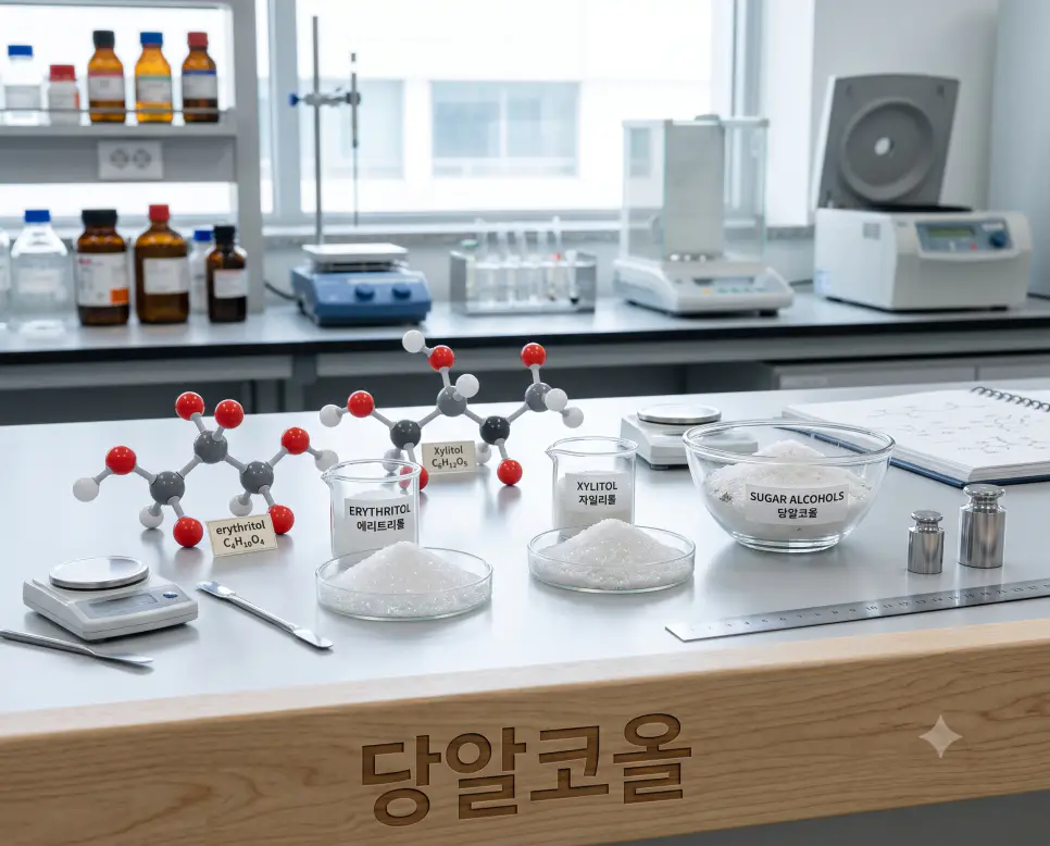 대체 감미료 당알코올 결정 및 화학 구조를 시각화하기 위해, 조리대 표면에 "당알코올" 한글이 각인된 모습과 에리스리톨 결정체 및 분자 구조 모형을 촬영한 극실사 모습