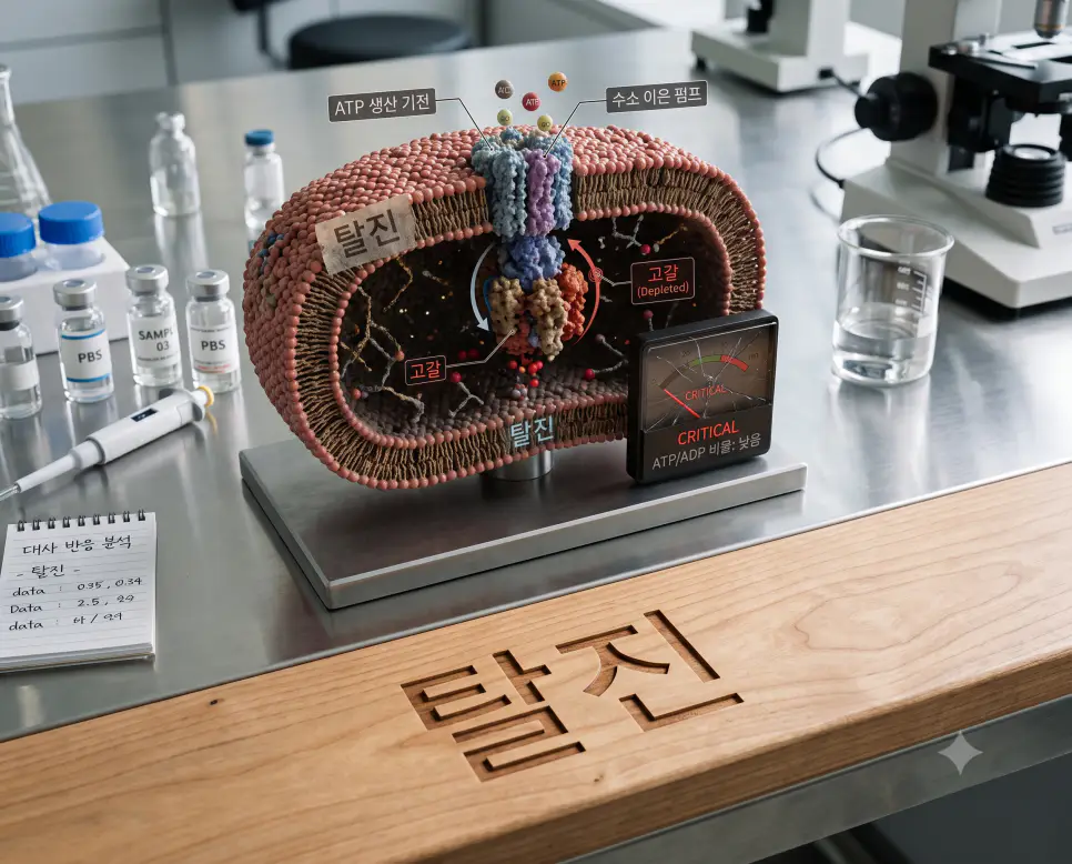 신체 생체 에너지가 고갈된 대사 상태를 시각화하기 위해, 조리대 및 실험대 표면에 "탈진" 한글이 각인된 모습과 ATP 에너지 고갈 대사 경로 3D 모형을 촬영한 극실사 모습