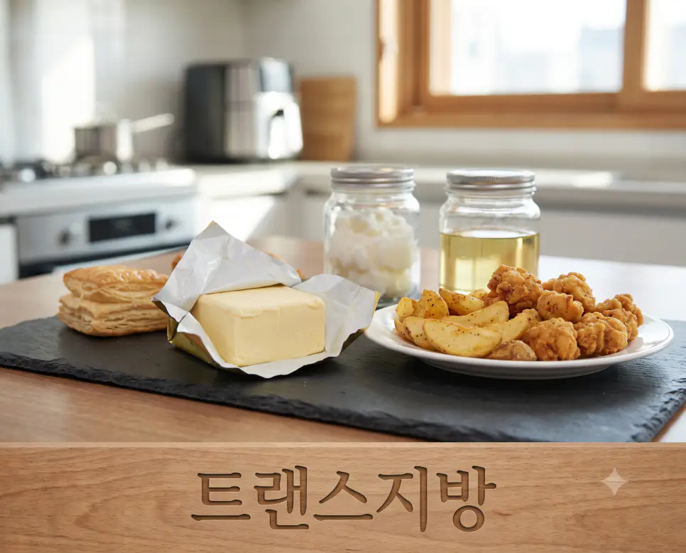 인공 변형 고체 지방산인 트랜스지방을 시각화하기 위해, 조리대 표면에 "트랜스지방" 한글이 각인된 모습과 단단한 쇼트닝 및 마가린 결정 질감을 촬영한 극실사 모습