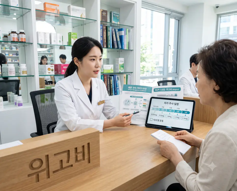 GLP-1 체중 관리 기전을 나타내는 위고비를 시각화하기 위해, 약국 조제대 모서리에 "위고비" 한글이 각인된 모습과 건강 복약 지침을 설명하는 한국인 약사의 순간을 촬영한 극실사 모습