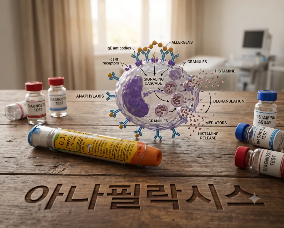 중증 급성 알레르기 과민 반응을 나타내기 위해, 원목 데스크 표면에 "아나필락시스" 한글이 새겨진 모습과 에피네프린 자가 주사기 및 비만세포 탈과립 3D 분자 모형을 담은 다큐멘터리 스타일의 극실사 이미지