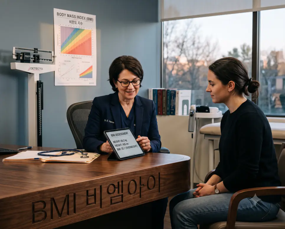신장과 체중 비율로 판정하는 BMI 체질량지수를 나타내기 위해, 상담실 호두나무 진료대 표면에 "BMI" 한글이 새겨진 모습과 신체 지수를 확인하며 진료하는 의사의 모습을 담은 다큐멘터리 스타일의 극실사 이미지