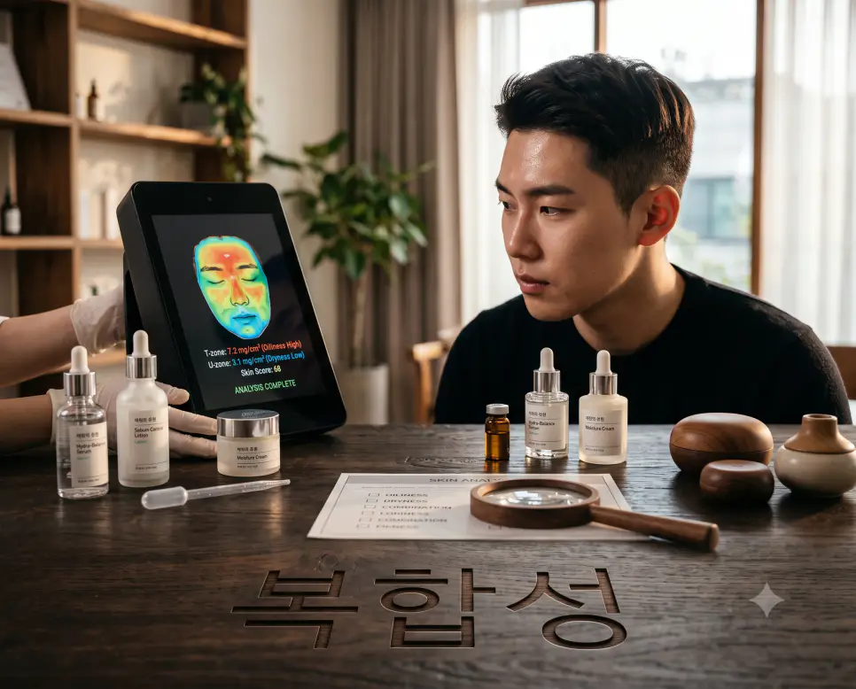 T존과 U존의 피부 타입 차이를 시각화하기 위해, 원목 데스크 표면에 "복합성" 한글이 새겨진 모습과 얼굴 부위별 피부 타입 다이어그램 스크린을 담은 다큐멘터리 스타일의 극실사 이미지