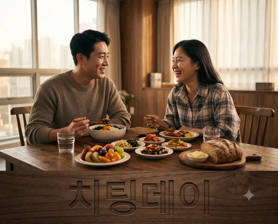 렙틴 수치와 대사율을 재충전하는 치팅데이를 표현하기 위해, 오후 햇살이 비치는 식탁 티크나무 표면에 "치팅데이" 한글이 새겨진 모습과 여유로운 주말 식사를 즐기는 한국인 부부의 모습을 담은 다큐멘터리 스타일의 극실사 이미지