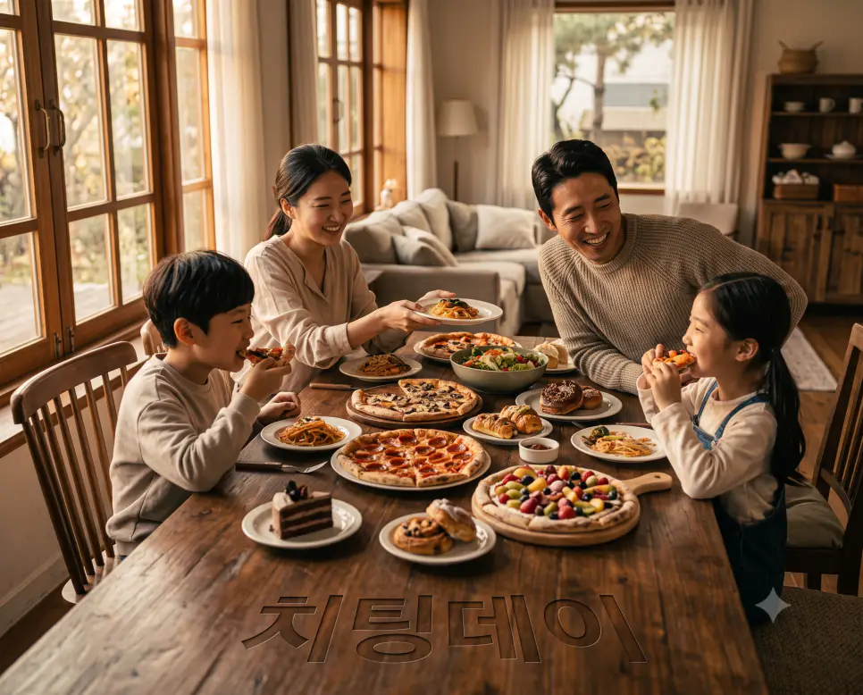 장기 다이어트 중 휴식을 취하는 치팅데이를 나타내기 위해, 오후 햇살이 비치는 거실 원목 식탁 표면에 "치팅데이" 한글이 새겨진 모습과 자유로운 식사를 즐기는 한국인 가족의 모습을 담은 다큐멘터리 스타일의 극실사 이미지