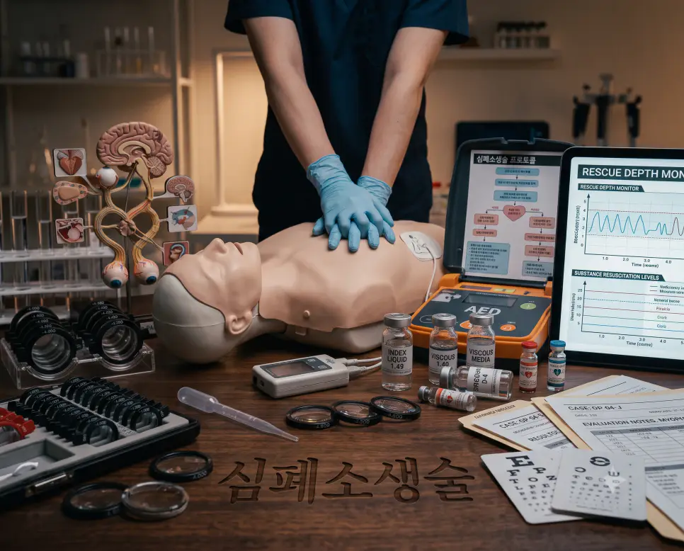 심폐소생술 마네킹과 자동심장충격기(AED)가 놓인 테이블 표면에 "CPR" 한글이 각인된 모습을 담은 다큐멘터리 스타일의 극실사 응급의학 사진