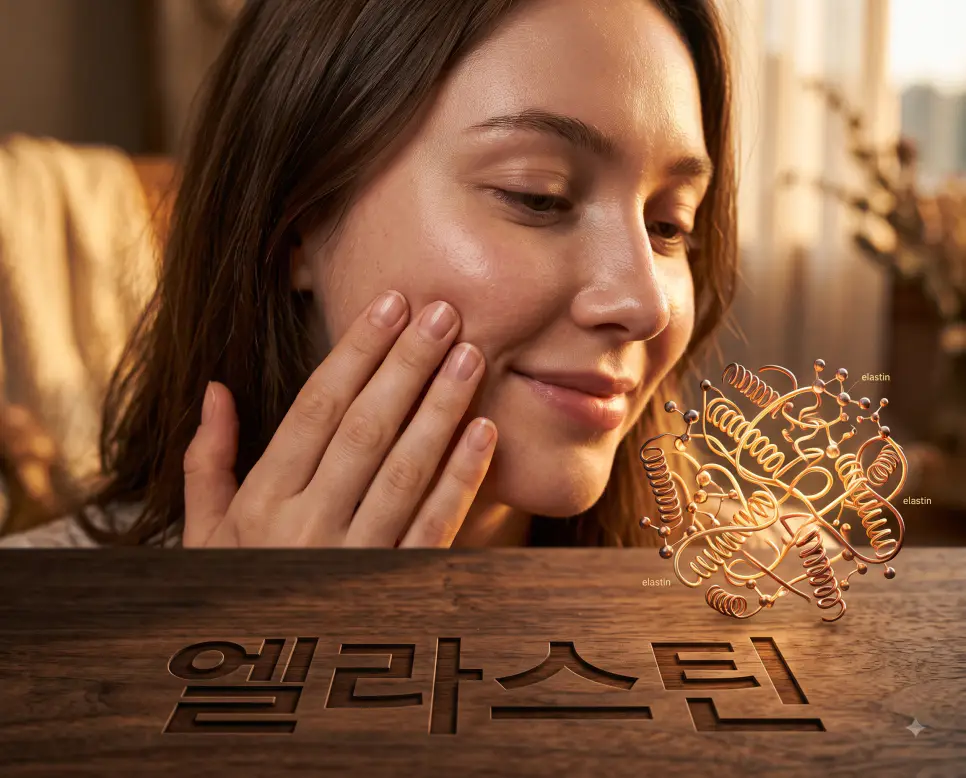 피부의 탄력성과 복원력을 나타내기 위해, 월넛 테이블 표면에 "엘라스틴" 한글이 새겨진 모습과 손끝으로 건강한 피부 탄력을 테스트하는 클로즈업 순간을 담은 다큐멘터리 스타일의 극실사 이미지