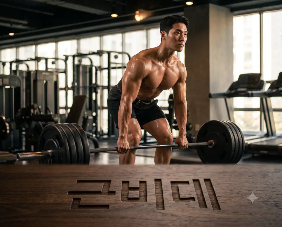 근섬유 용적을 늘리는 근비대를 나타내기 위해, 오후 햇살이 비치는 피트니스 바닥 표면에 "근비대" 한글이 새겨진 모습과 바벨 운동을 이행하는 한국인 보디빌더의 모습을 담은 다큐멘터리 스타일의 극실사 이미지