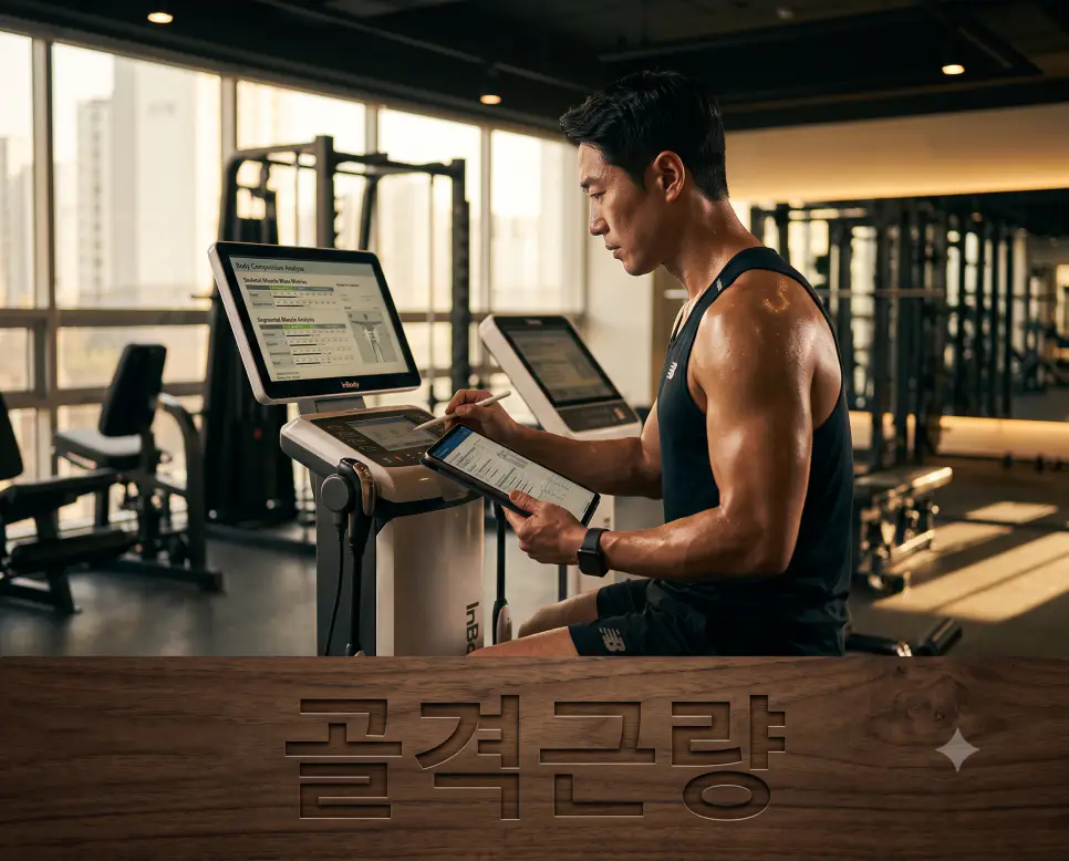 순수 근육 조직의 중량인 골격근량을 나타내기 위해, 오후 햇살이 비치는 피트니스 벤치 표면에 "골격근량" 한글이 새겨진 모습과 체성분 지표를 점검하는 한국인 트레이너의 모습을 담은 다큐멘터리 스타일의 극실사 이미지