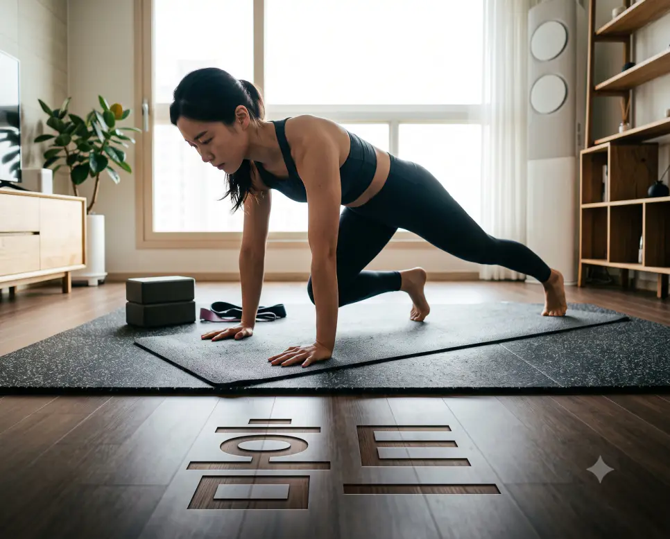 집에서 이행하는 자율 운동인 홈트를 나타내기 위해, 오후 햇살이 비치는 거실 원목 마루 표면에 "홈트" 한글이 새겨진 모습과 맨몸 운동을 이행하는 한국인 여성의 모습을 담은 다큐멘터리 스타일의 극실사 이미지