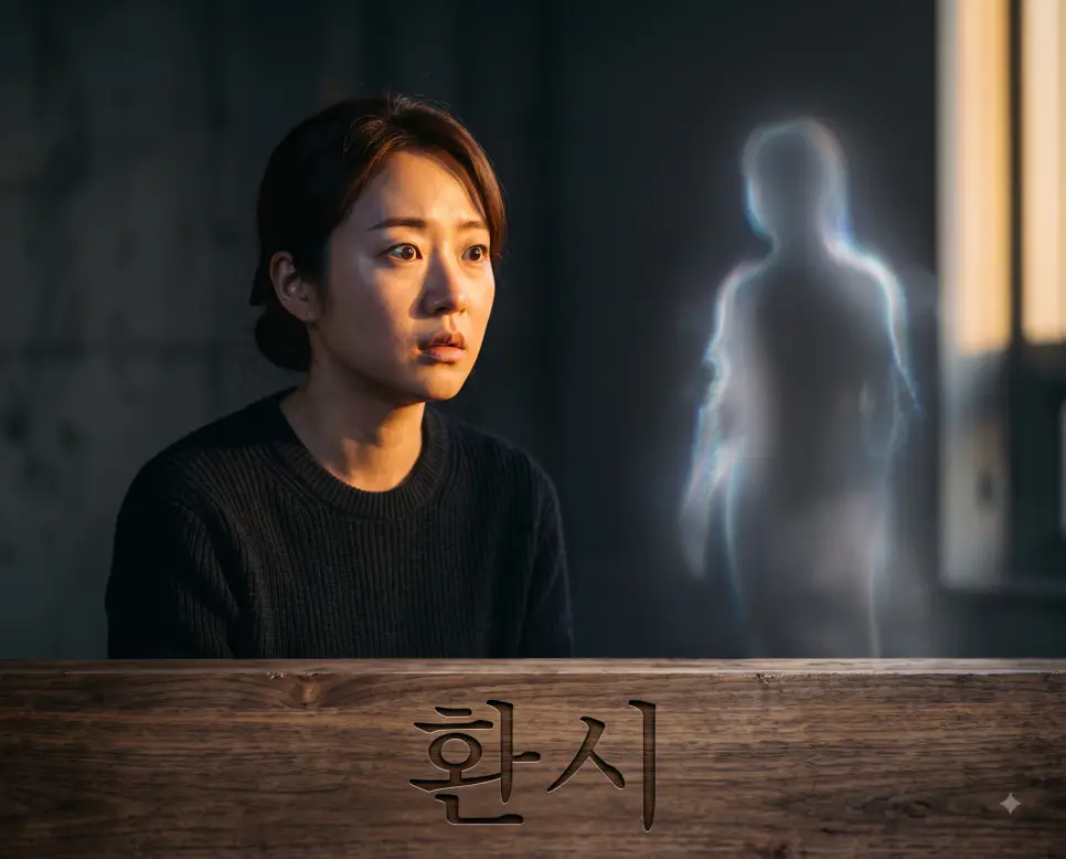 눈앞에 헛것이 보이는 시각적 지각 이상을 나타내기 위해, 원목 창틀 표면에 "환시" 한글이 새겨진 모습과 텅 빈 허공에서 아른거리는 반투명 신기루를 응시하는 여성의 모습을 담은 예술적 극실사 이미지