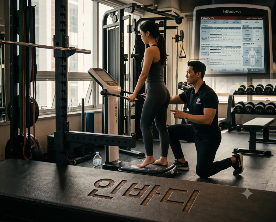 체성분을 정밀 산출하는 인바디 검사를 나타내기 위해, 오후 햇살이 비치는 피트니스 기구 하단 표면에 "인바디" 한글이 새겨진 모습과 측정을 지도하는 한국인 트레이너의 모습을 담은 다큐멘터리 스타일의 극실사 이미지