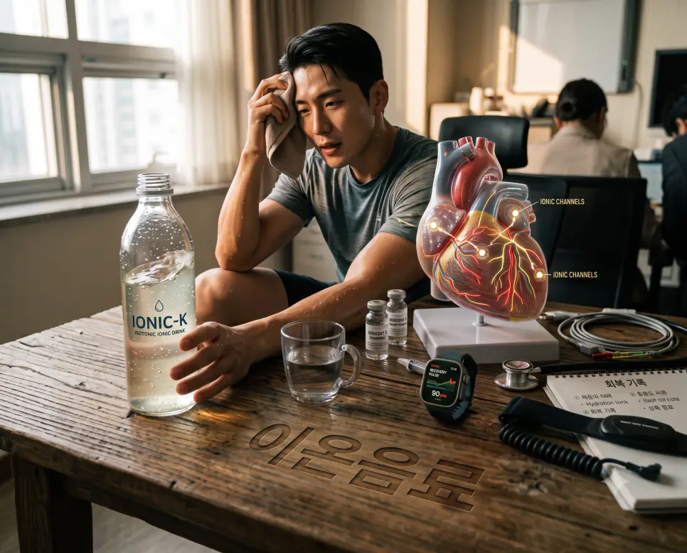 체액 삼투압 수분 흡수 과정을 시각화하기 위해, 원목 벤치 모서리에 "이온음료" 한글이 새겨진 모습과 운동 후 이온음료를 들고 휴식을 취하는 러너를 담은 다큐멘터리 스타일의 극실사 이미지