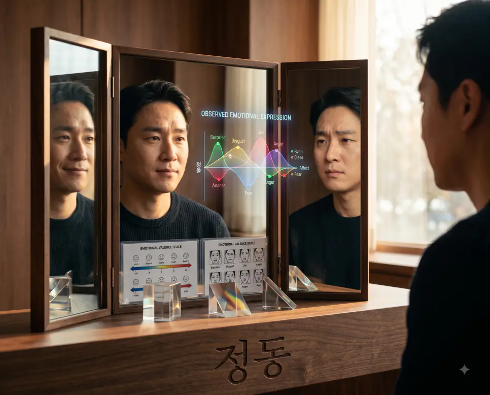 외부로 드러나는 감정의 표출 상태를 나타내기 위해, 월넛 화장대 표면에 "정동" 한글이 새겨진 모습과 거울 속 다각도 표정 변화를 관찰하는 남성의 모습을 담은 예술적 극실사 이미지