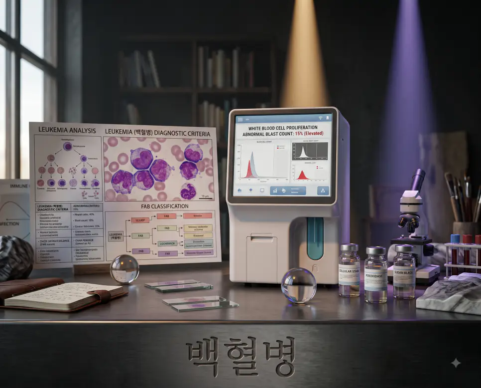 혈액세포 증식을 시각화하는 모니터와 골수 세포 연구 장비가 놓인 실험실 테이블 표면에 "백혈병" 한글이 각인된 모습을 담은 다큐멘터리 스타일의 극실사 의학 이미지